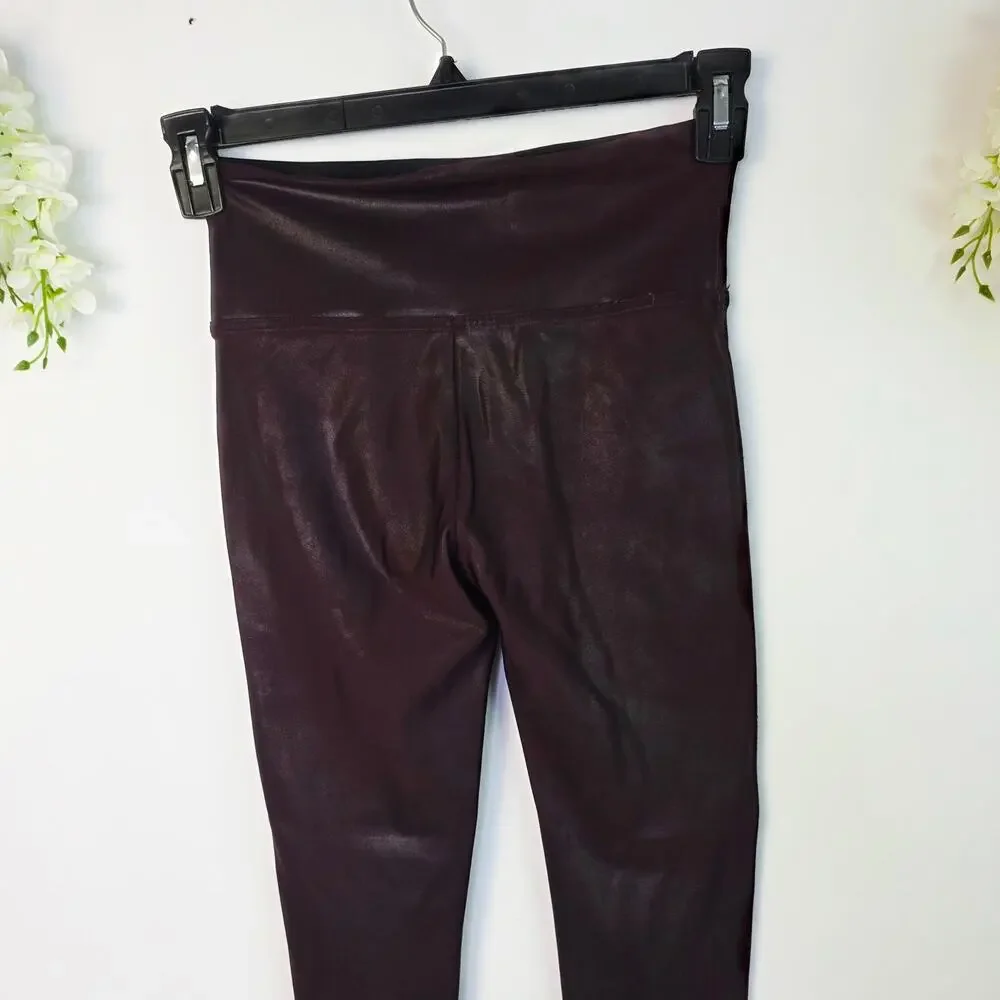SPANX Faux Leather Leggings Medium Burgundy High Waist Shaping Baddie Moto